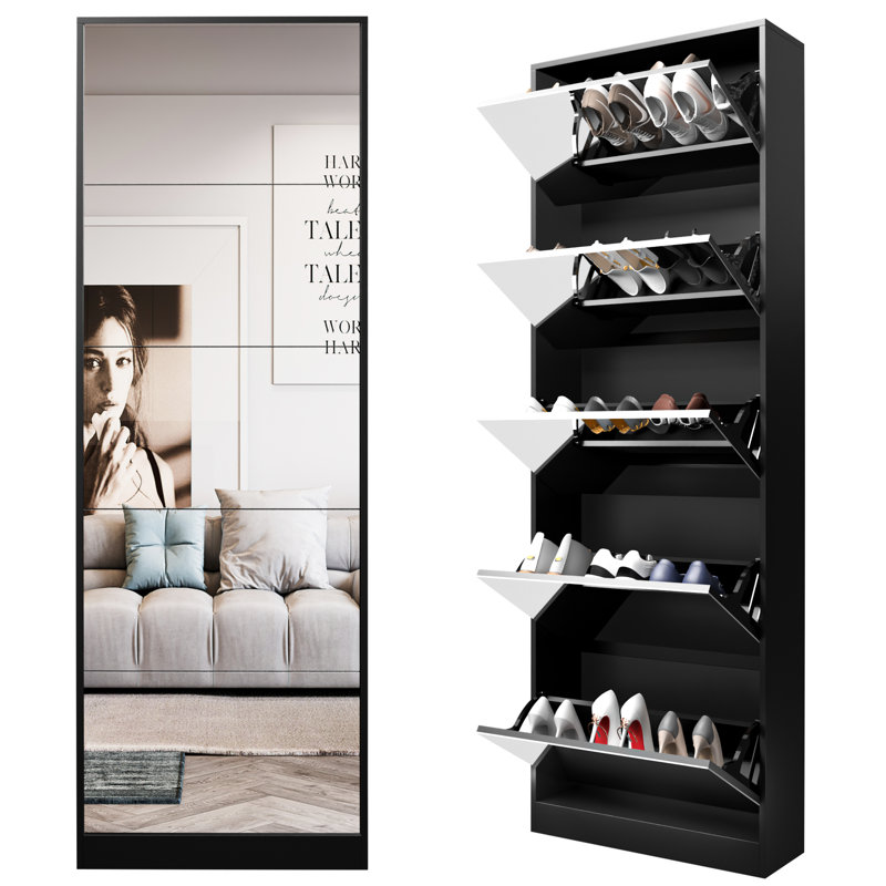 Modern Shoe Storage Cabinet with Mirror for Narrow Corridor and Entryway, Black