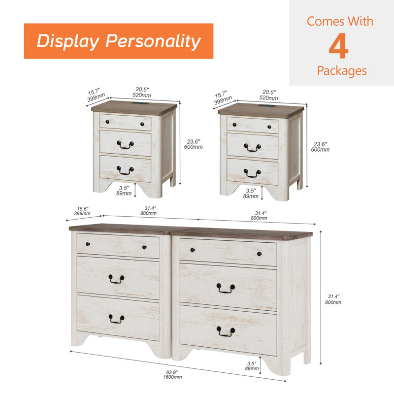 Ensemble de commode et table de chevet 6 tiroirs Modern Minimalist, ensemble de chambre à coucher 4 pièces, commode en bois, tables de bout avec station de charge