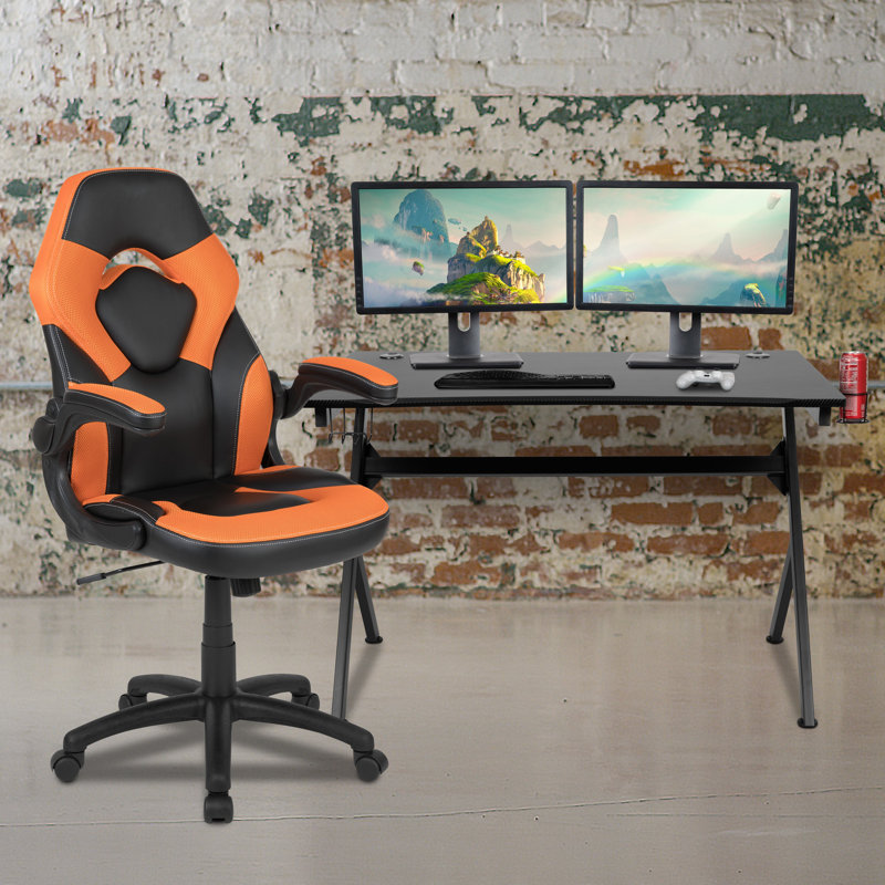 Bridesdale Gaming Desk And Racing Chair Set With Cup Holder, Headphone Hook & 2 Wire Management Holes, Orange