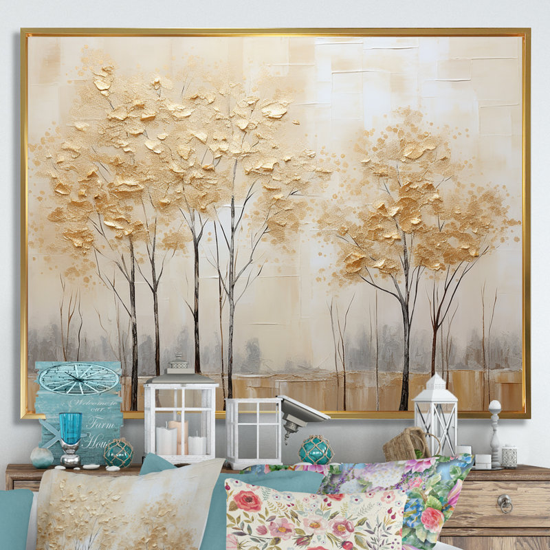 Minimalisme Golden Trees Tranquility I - art mural arbres, Cadre flottant doré, 30" H x 40" W