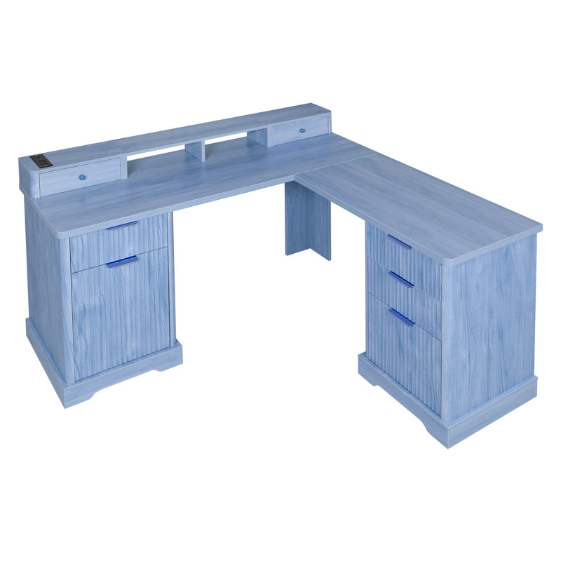 59'' L Shaped Desk With Power Outlets, USB Charging Ports And Storage, Blue