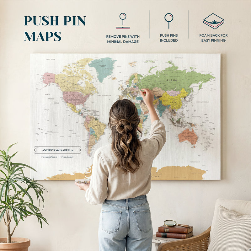 Carte du monde personnalisée avec punaise, H 32 po x l 48 po, Oui