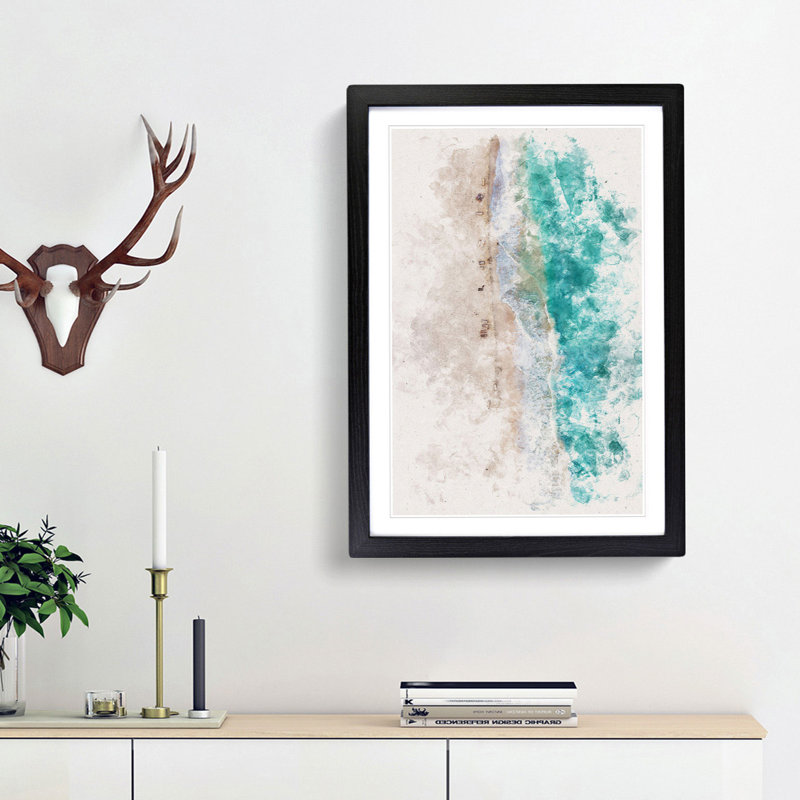 Cancun Beach In Mexico Watercolour - Picture Frame Graphic Art, 45cm H x 33cm W x 2cm D, Black Framed