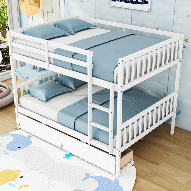 Two Drawers Rubber Wood Bunk Bed, Full, White
