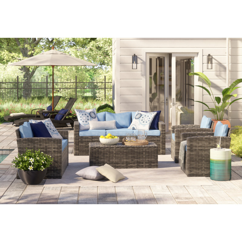 Arlington Outdoor Wicker 7 Person Seating Group with Cushions & Storage,  Gray Frame/Sky Blue Cushion