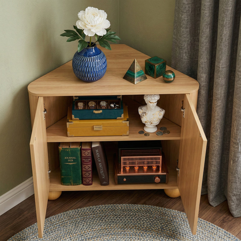 31.1" Modern Corner Cabinet With Arched Doors - Space Saving Small Storage Cabinet For 90 Degree Corners - Natural Wood Accent Cabinet With Adjustable Shelf