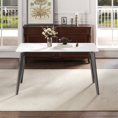 Table de salle à manger 55,12 po en pierre artificielle moderne à bord droit gris foncé et pieds en métal gris foncé pouvant accueillir 6 personnes (table de salle à manger seulement)