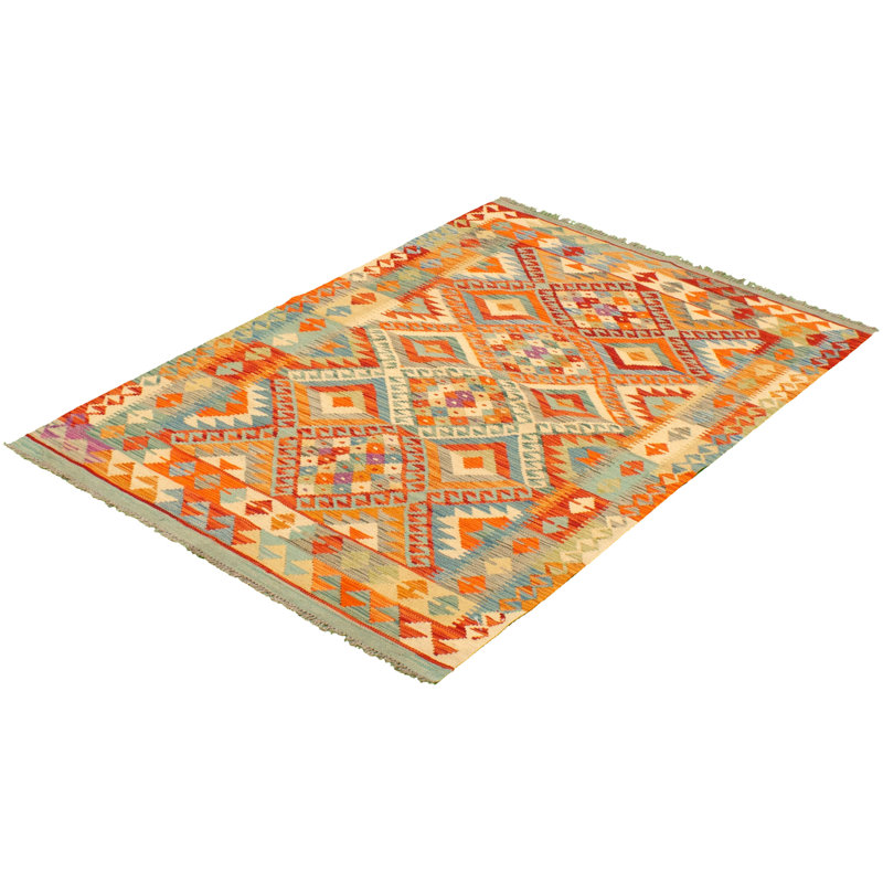 Tapis décoratif en laine de conception unique 4 pi 3 po x 6 pi 5 po noué à la main New Age Ivoire/rouge