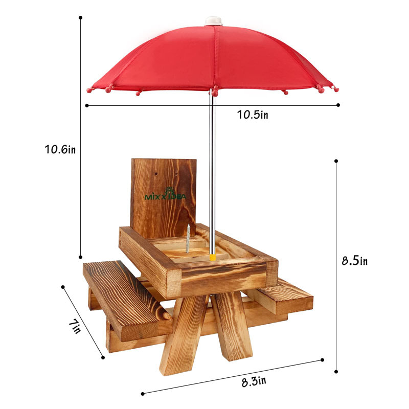 Mangeoire de table de pique-nique en bois écureuil avec parasol