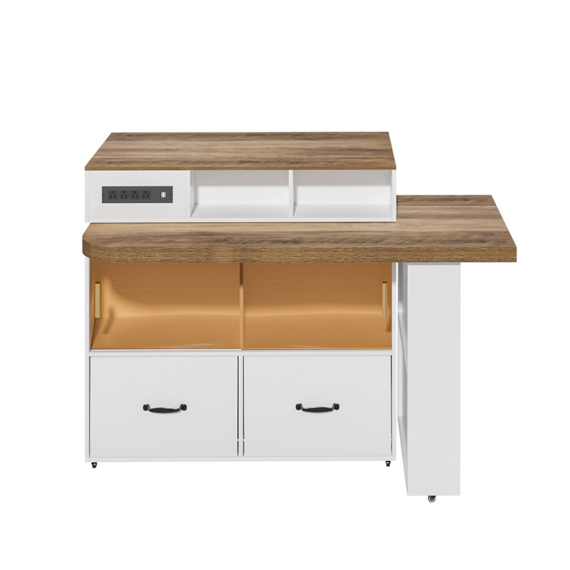 Movable Kitchen Island With Retractable Tabletop, Light Oak