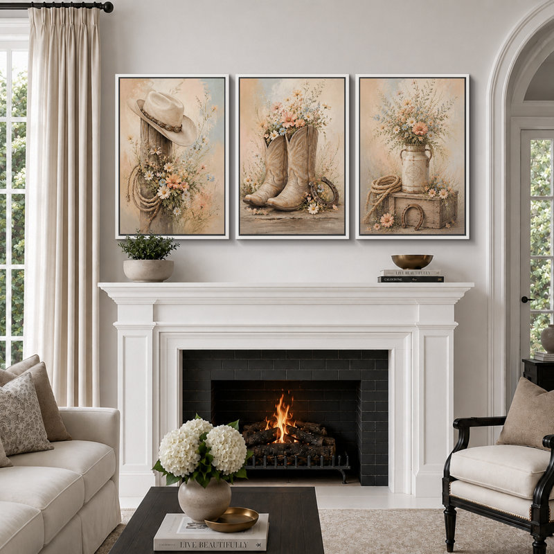 «Western Cowboy bottes and Wildflower», art de chambre à coucher, impression sur toile encadrée, 3 pièces, White Frame