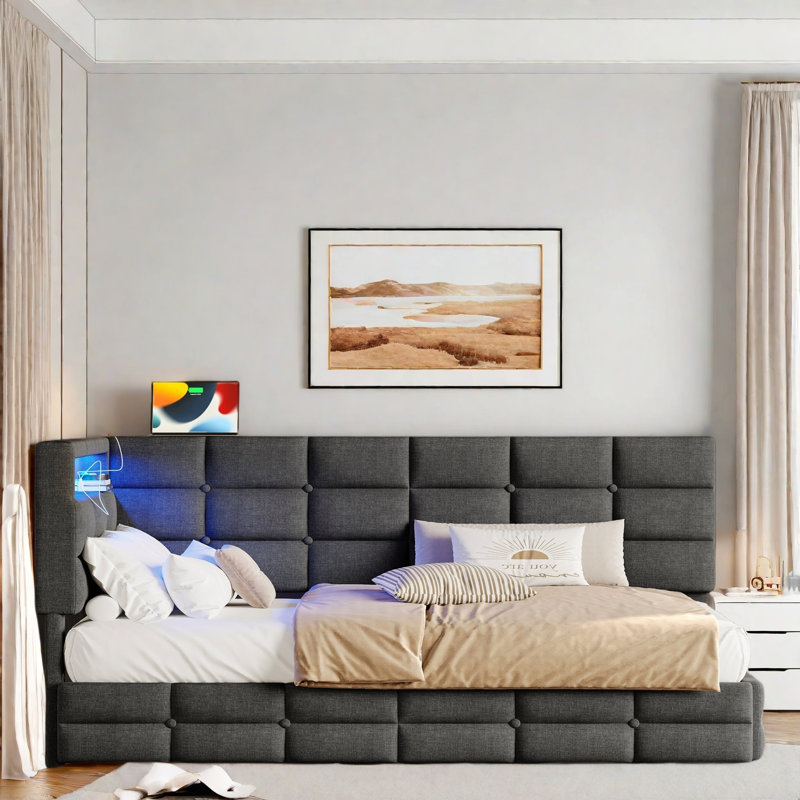 Upholstered Daybed With 2 Drawers, Charging Station, Led Lights, Storage Headboard And Checkered Button Decoration, Gray
