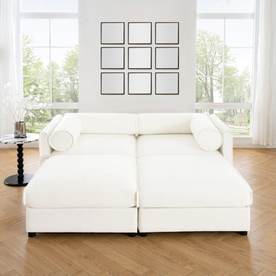 Élégant canapé en chenille 2 places avec 2 sièges de rangement pour repose-pieds, dossier cylindrique et accoudoirs, causeuse moderne en tissu avec espace de rangement caché