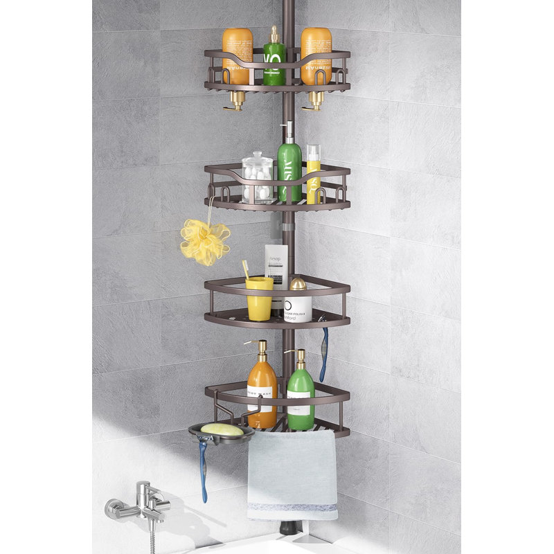 Corner Shower Caddy Tension Pole: Rustproof 4-Tier Bathroom Organizer Shelves, Brown