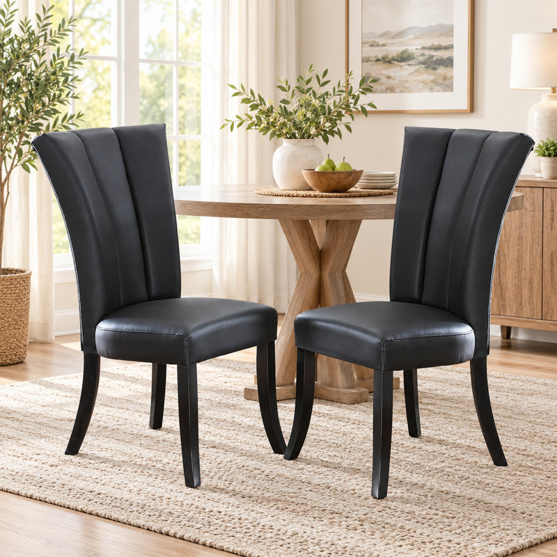 Faux Leather Upholstered Lines back Set of 2pc Chairs Dining Room,PU Wide Flair back Chair