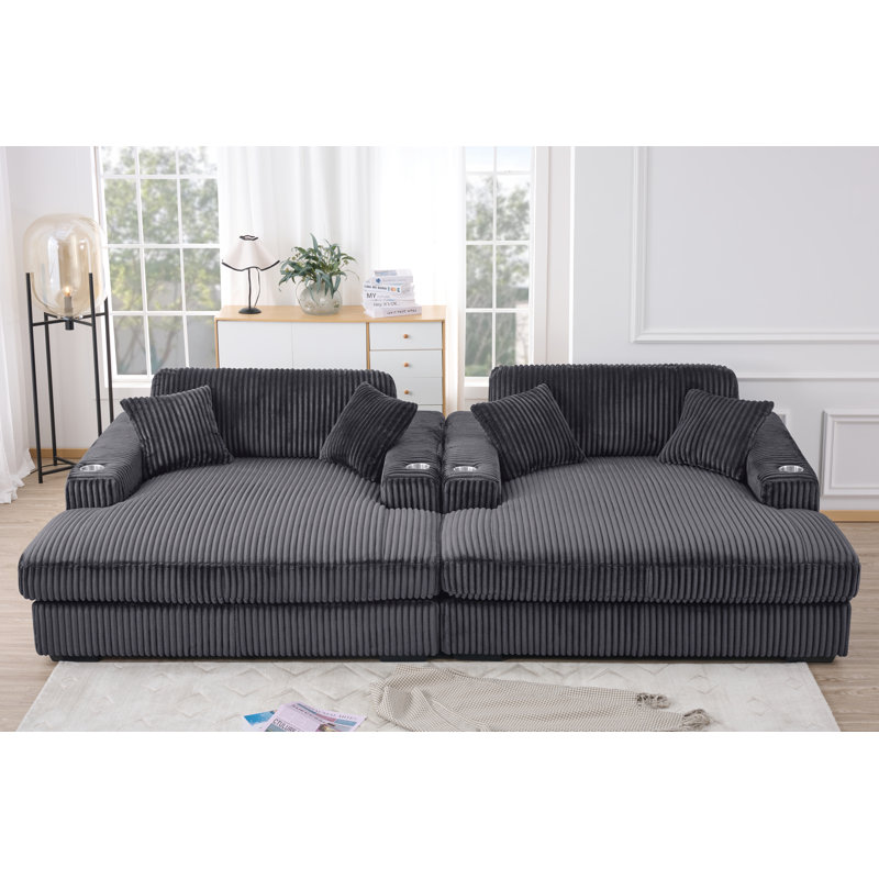 Corduroy Double-size Upholstered Chaise Lounge Sofa with Cup Holders, Dark Gray