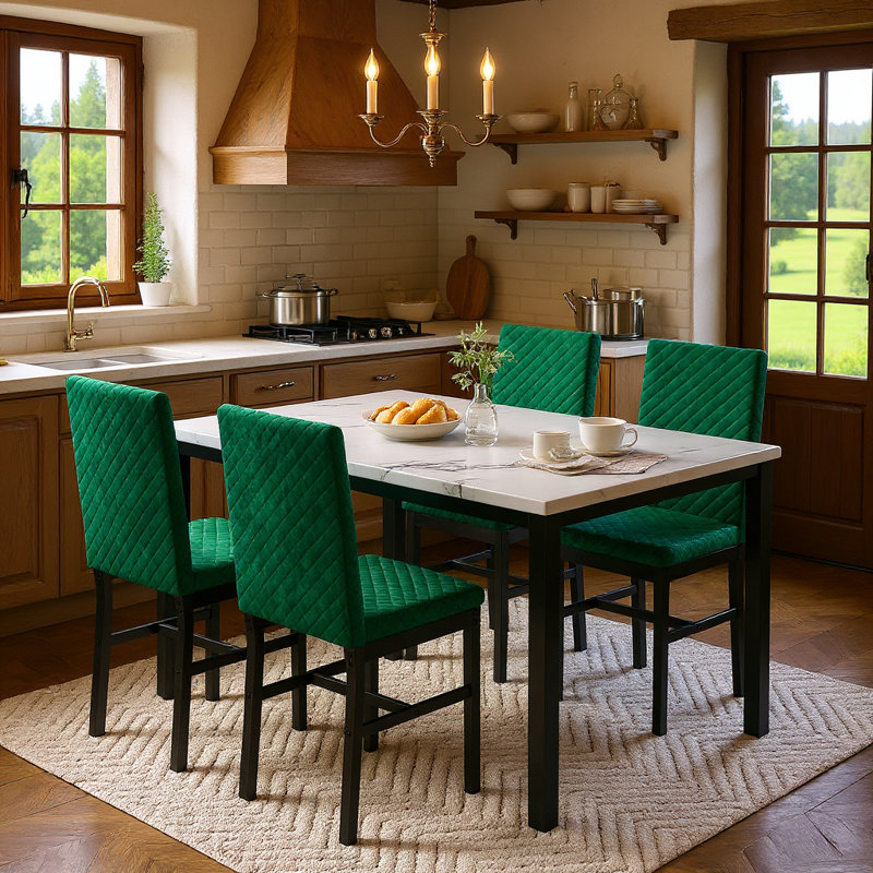 Ensemble de table de salle à manger 5 pièces en faux marbre avec 4 chaises, Blanc, Vert