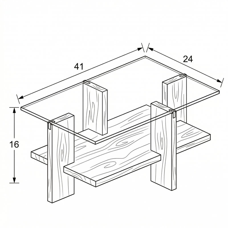 Aurelius Modern 41" Rectangle Solid Wood Frame Coffee Table With Tempered Glass