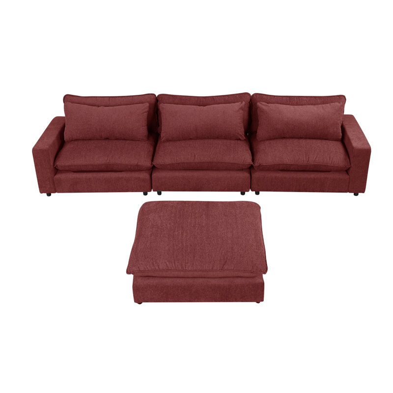 Canapé modulaire avec repose-pieds mobile, ports de charge et 3 coussins de dossier, Chenille rouge