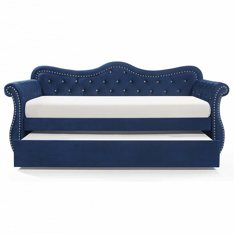 Upholstered Velvet Wood Daybed with Trundle, Blue