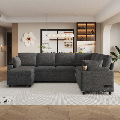 109.9" U-Shaped Sectional Sofa Bed With Ample Storage, Dual Cup Holders & Charging Ports