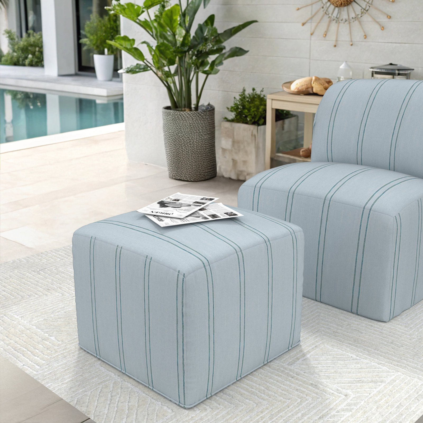 Eliana Sunbrella Outdoor Ottoman, 18"H x 22"W x 22"D, Sunbrella Wayward Sky