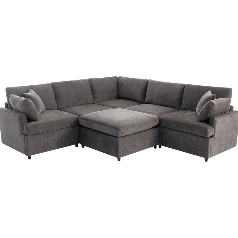 Spacieux canapé modulaire gris de 6 po avec revêtement rembourré pour le salon et forme en U amovible tendance. Et confortable. Structure en bois massif. Siège à haute éponge. Tissu. Housses de coussins.