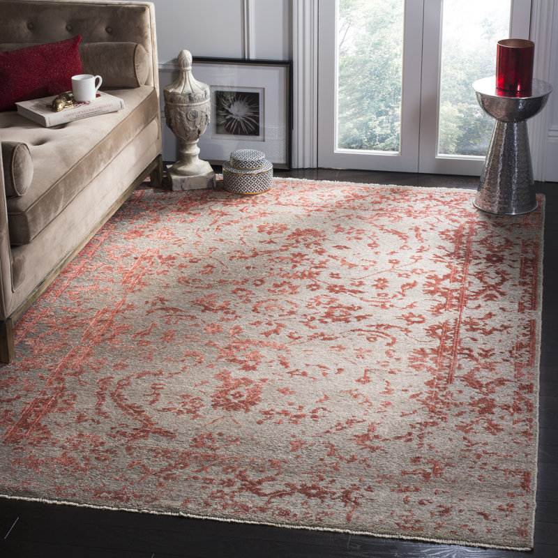 Rectangle Centennial Floral Hand-Knotted Cotton/Viscose Area Rug in Gray/Red, Rectangle 6' x 9'