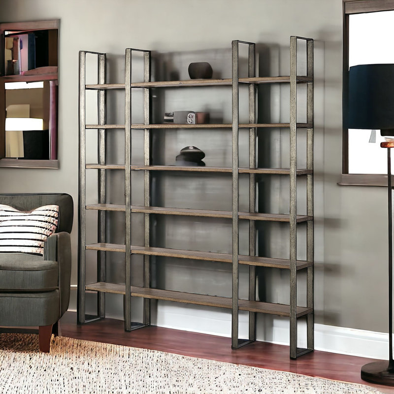 Eccles 90" Distressed Metal and Solid Wood Six Tier Bookcase, Antique Nickel/Medium Brown