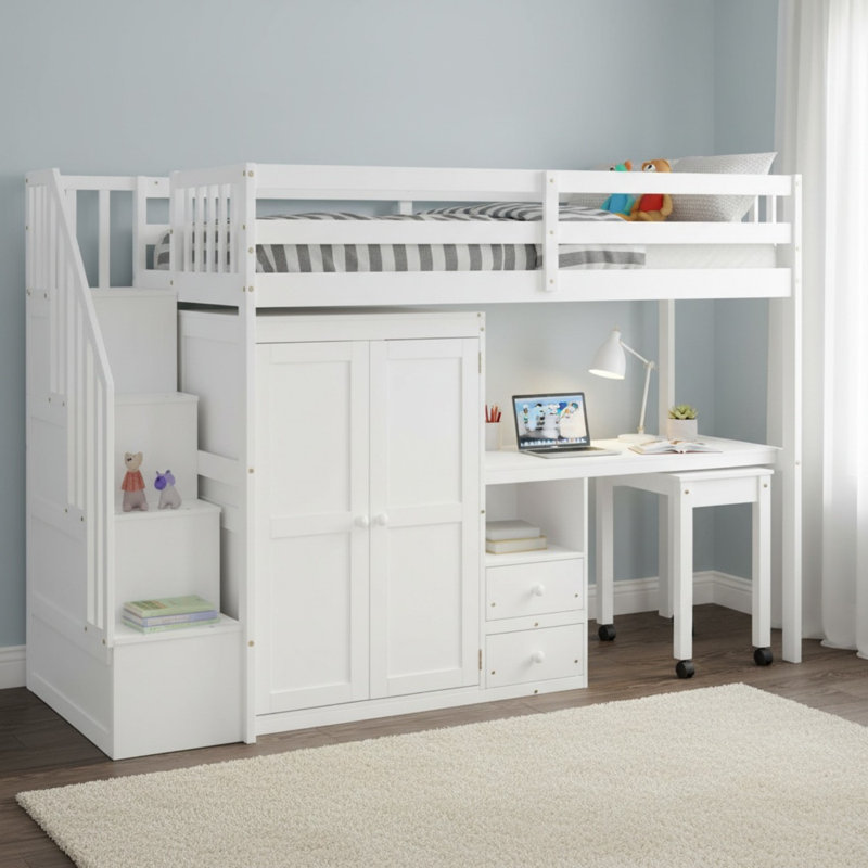 Lit mezzanine avec rangement et bureau, Simple, Blanc