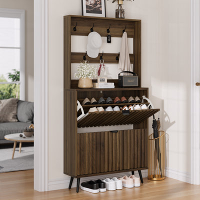Shoe Storage with Hanging Storage for Clothes and Bags,Entryway Freestanding Slim Shoe Cabinet