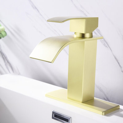 Modern Bathroom Faucet In Brushed Gold, Waterfall Spout And Single Handle Stainless Steel For Lavatory Shower , With Gold Surface