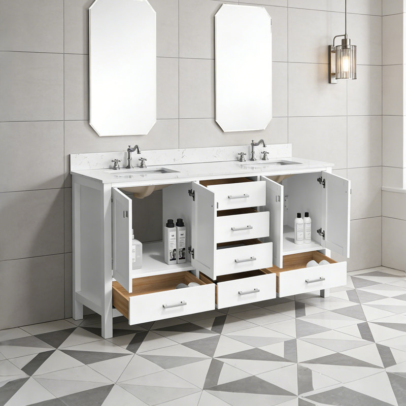 Meuble-lavabo double 72 po avec comptoir en pierre, Blanc