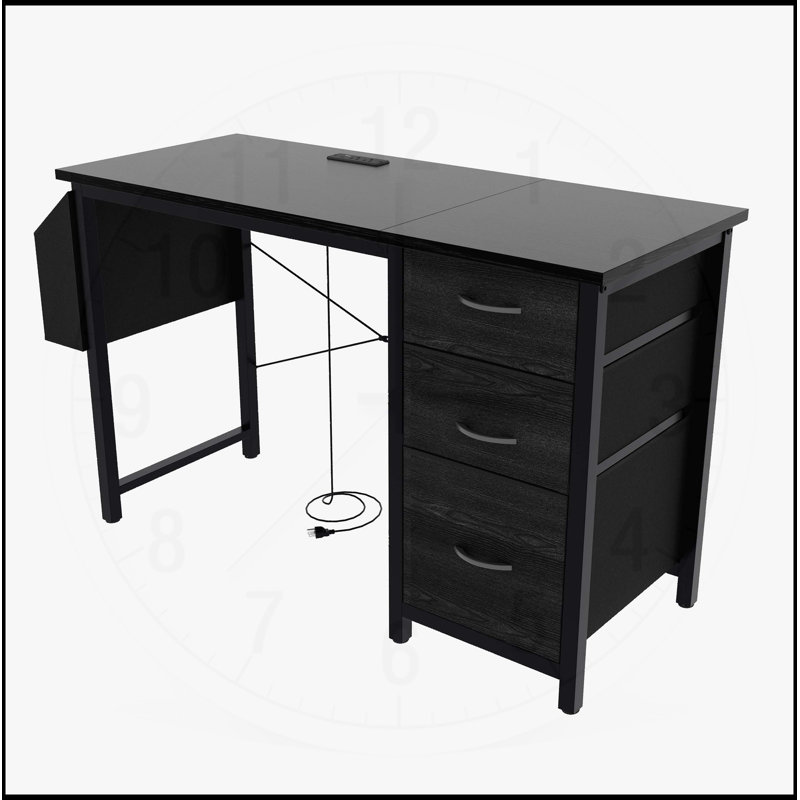 Bureau de 47,3 pouces avec prise de courant, 3 tiroirs et poche latérale pour le bureau à domicile, Noir