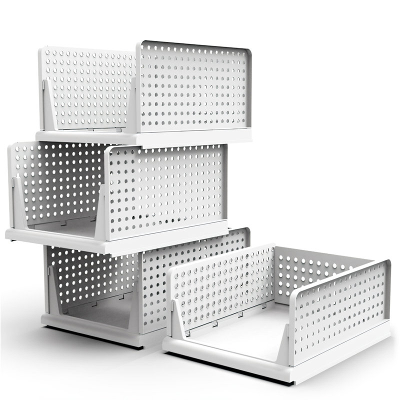Boîte de rangement en plastique 4 paquets Organisateur de placard Pliable Bac de rangement Bac empilable avec glissière Panier de rangement à pousser