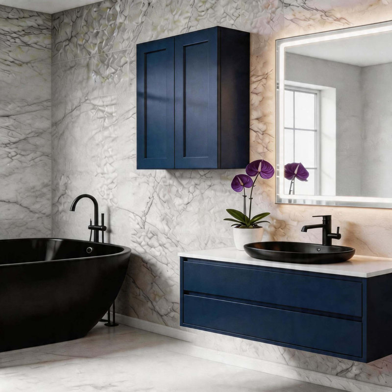 Shaker Solid Wood Wall Cabinet with Soft-Close Hinges and Adjustable Shelves, Navy Blue, 41.96" H x 30" W x 13.07" D