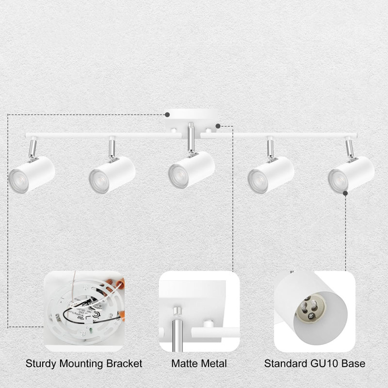 Éclairage sur rail 5 lumières blanc mat, têtes réglables, plafonnier GU10 (sans ampoules)