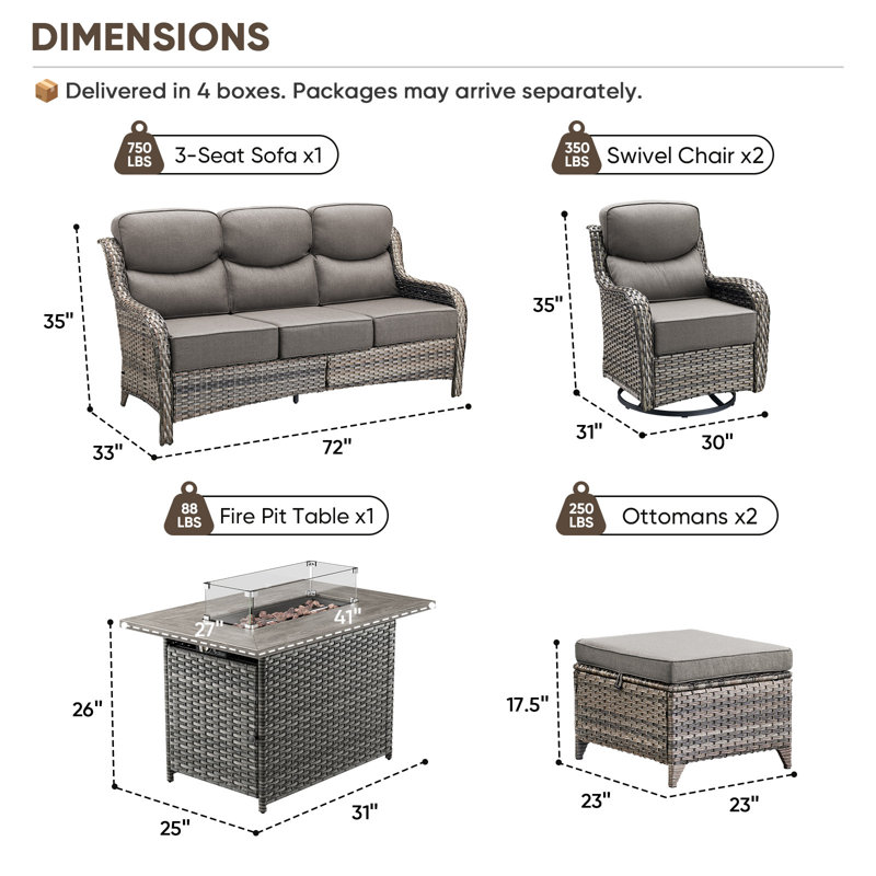 Ensemble de conversation 6 pièces Smilario pour l'extérieur avec table de foyer 50 000 BTU, canapé 3 places, fauteuils pivotants et repose-pieds, coussins de 6 po d'épaisseur