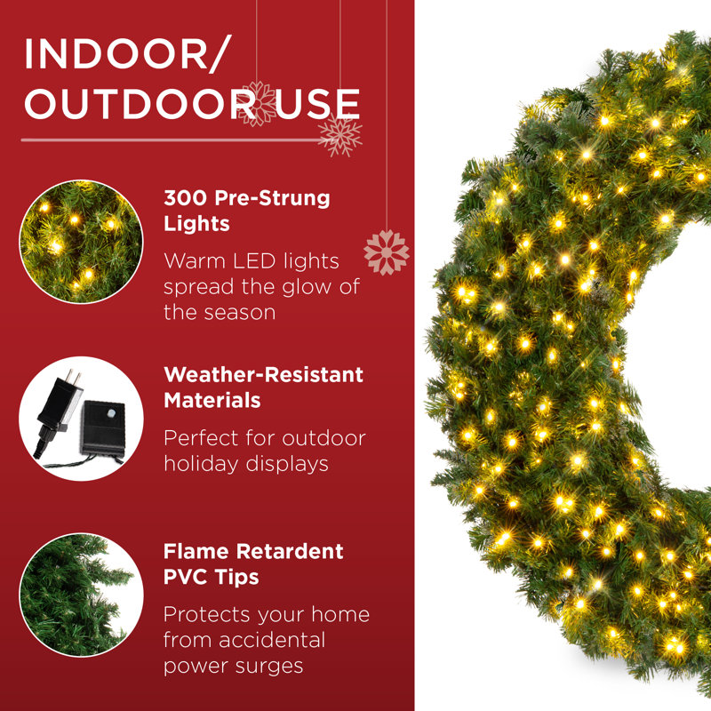 Artificial Pre-Lit Fir Christmas Wreath Decoration w/ LED Lights, 930 Tips, Power Plug-In, 10" H x 60" W x 60" D