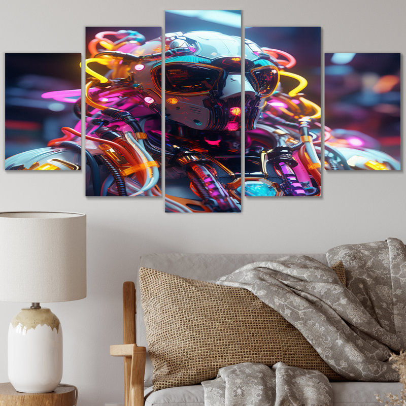 Sci-Fi Retro Futuristic Robot In Neon III - Robot Wall Art Living Room - 5 Panels