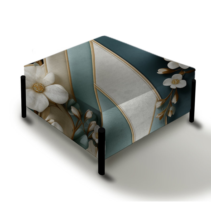 White Elegant Floral Striped Pattern Upholstered Ottoman