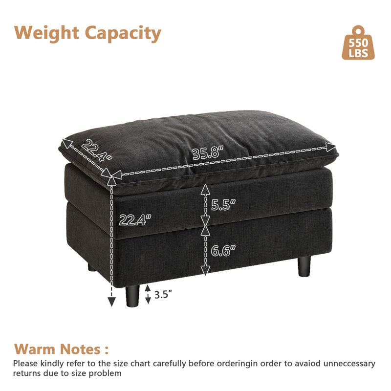 Chenille Upholstered Couches Ottoman For Modular Sectional Sofa, Black