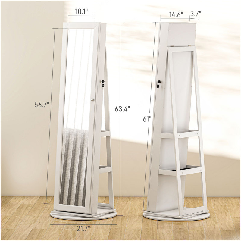 Miroir verrouillable pour armoire à bijoux, miroir pleine longueur pivotant à 360 °, avec tablettes de rangement, Blanc