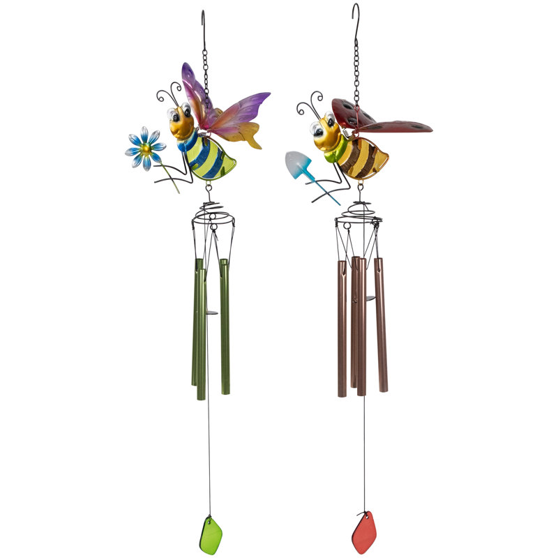 Pink And Green Bees Outdoor Garden Windchimes - 30" - Set Of 2