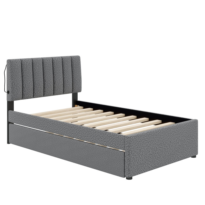 Lit plateforme tapissier de taille simple accompagné d'un lit gigogne sous le lit, Gris