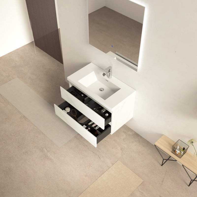 Meuble-lavabo mural simple 36 po avec comptoir en pierre blanche brillante et 2 tiroirs Modern Jazz, 36"