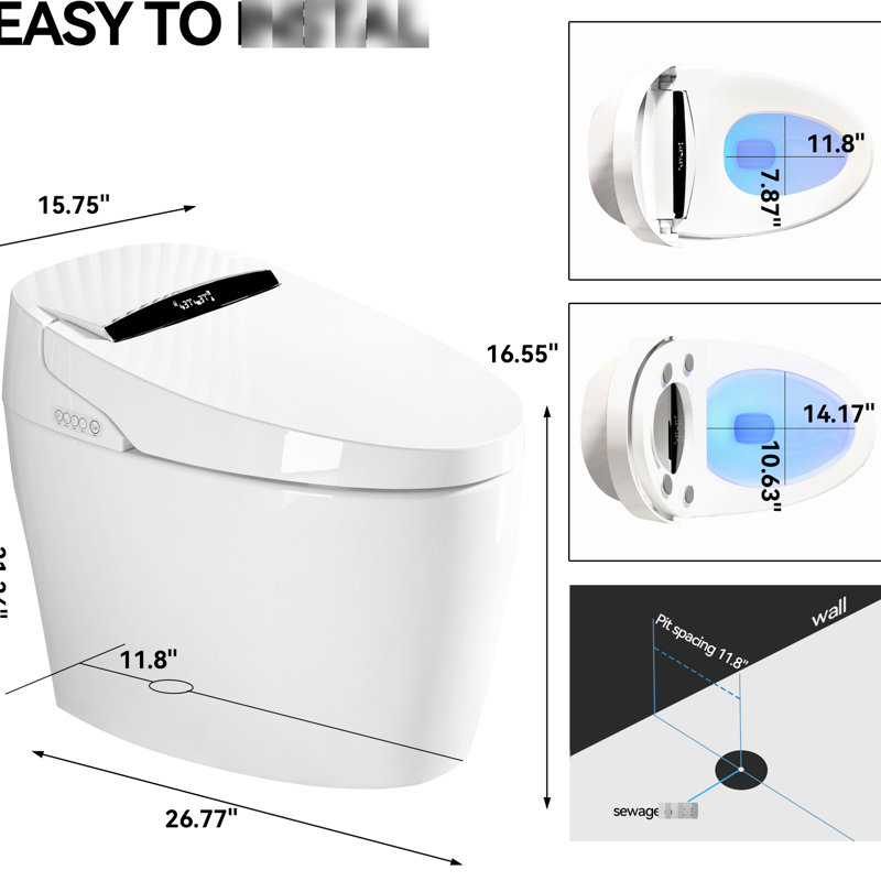 Toilette intelligente avec contrôle de la température de l'eau chaude, de la sécheuse et du siège - chasse d'eau siphonique, siège à ouverture / fermeture automatique, commande de nuit à bidet chauffante portative à lavage à l'arrière,