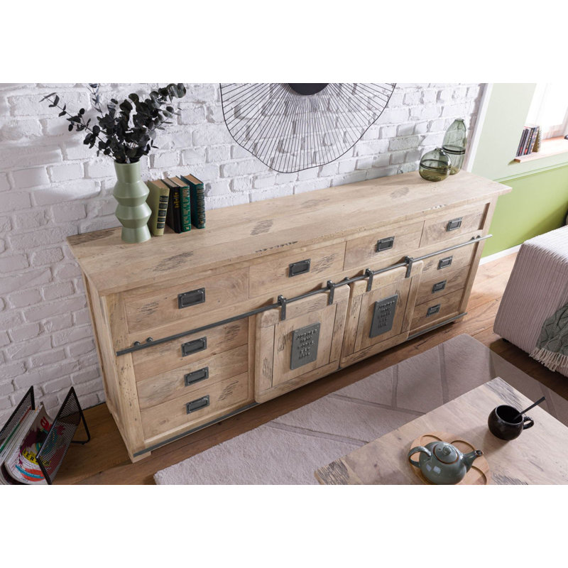 Railway 220cm Solid Wood Sideboard, Whitewash Lacquered