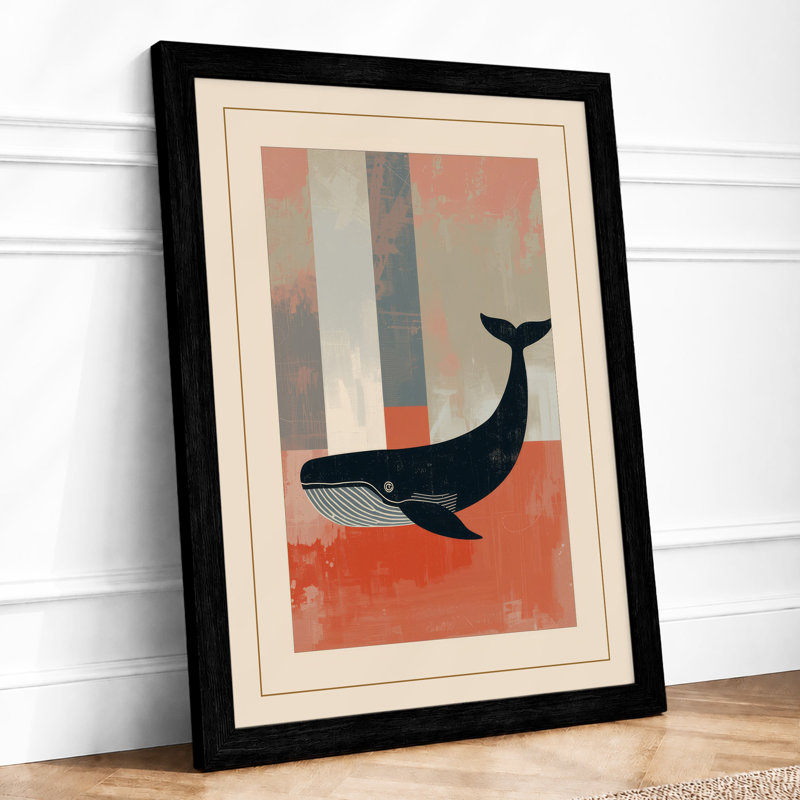 Whale in Geometry Mid-Century - Framed Print, A2 - 59.4 x 42.0 cm, Black