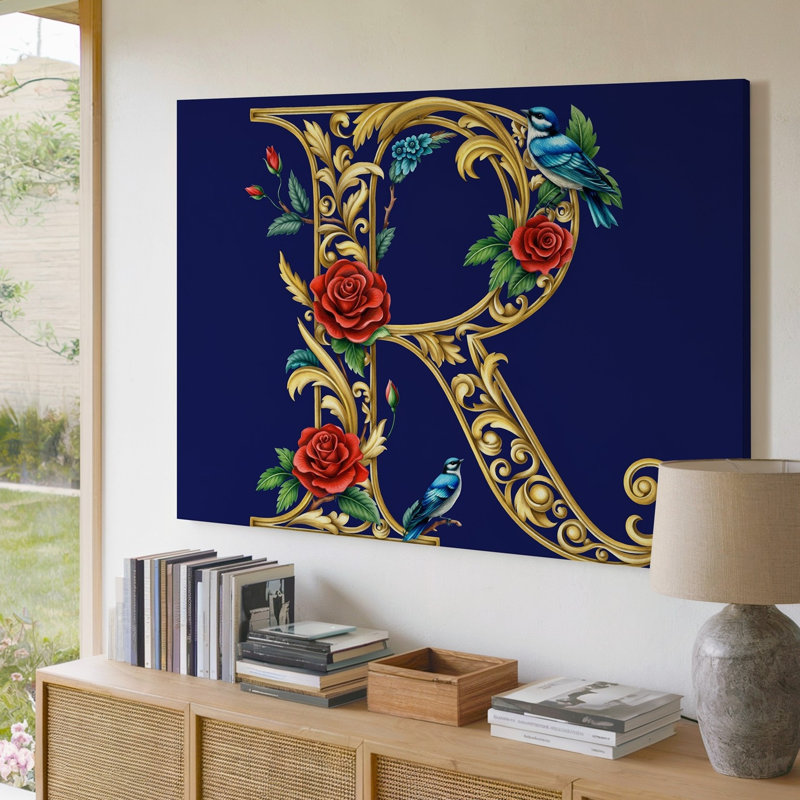Toile, une lettre R élaborée qui attire l'attention avec art mural chatoyant doré et filigrane floral, H 30 po x l 40 po